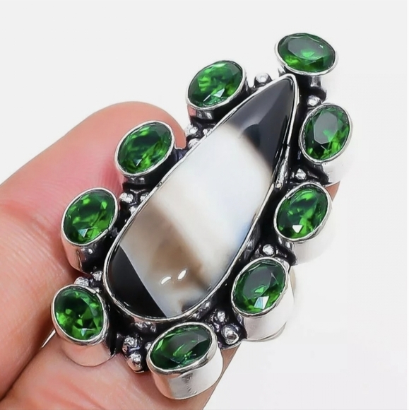 New Oversized Banded Agate & Peridot 925 Silver Statement Ring. - Picture 14 of 14